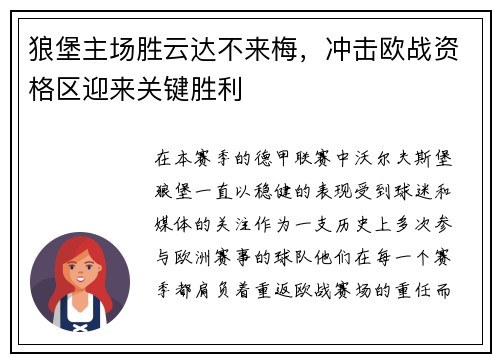 狼堡主场胜云达不来梅，冲击欧战资格区迎来关键胜利